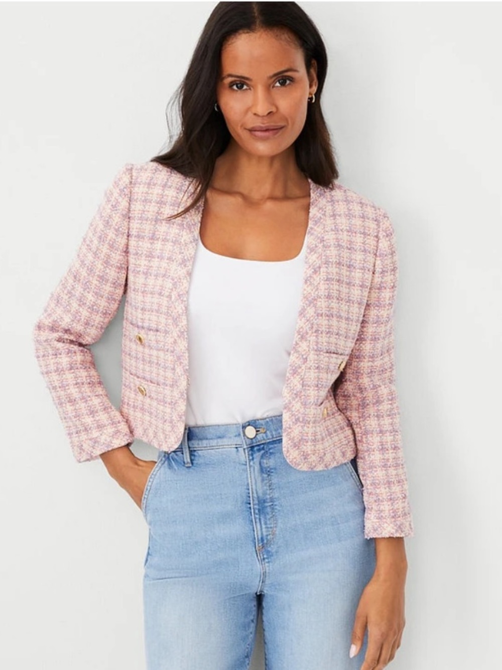 Ann Taylor NWT Tweed Pink Purple Plaid Metallic Sparkle Cropped Blazer Gold 14